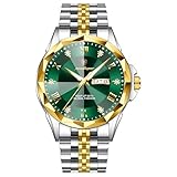 Poedagar Orologio da uomo di lusso alla moda, impermeabile, luminoso, con data, settimana, orologio da polso, in acciaio inox, al quarzo, da uomo, Colore: verde oro.