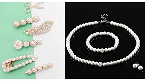 ANNACREATIONS Korean Style Pearl Metal Hair clips Pearl Barrettes Hairpin Pearl Pendant Choker Necklace With Pearl Bracelet Stud Earrings Combo Set... - Image 2