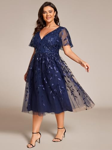 Image of Ever-Pretty Womens Embroidered Tulle Plus Size Cocktail Evening Party Dress A-Line Midi Wedding Guest Dresses for Curvy Women