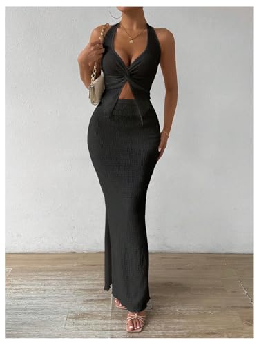 Image of SOLY HUX Women's Two Piece Outfits Twist Front Halter Cami Tops and Skirt Summer Set