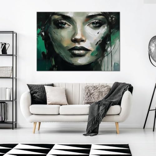 Impresión en lienzo de alta calidad con retrato abstracto de mujer en verde y negro 2