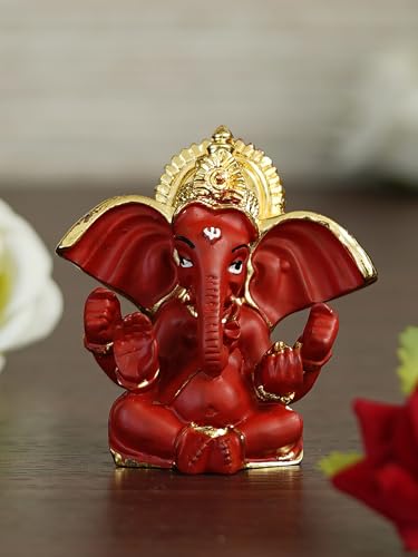 Image of eCraftIndia Golden and Red Polyresin Lord Ganesha Idol for Home, Temple, Office for Devotees, Family, Friends - Suitable for Diwali, Ganesh Chaturthi, Housewarming