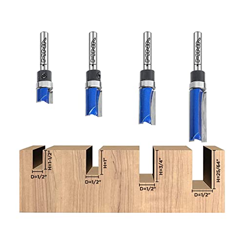 Mna Top Bearing Flush Trimer Bit 4 Pcs Set, Pattern Flush Trim Router Bit Set, 1/4 Inch Shank. Cutting Height In 25/64”, 3/4”, 1”, 1-1/2”Great For Edging, Veneer, Or Laminate (Send Bearing) #TOP3