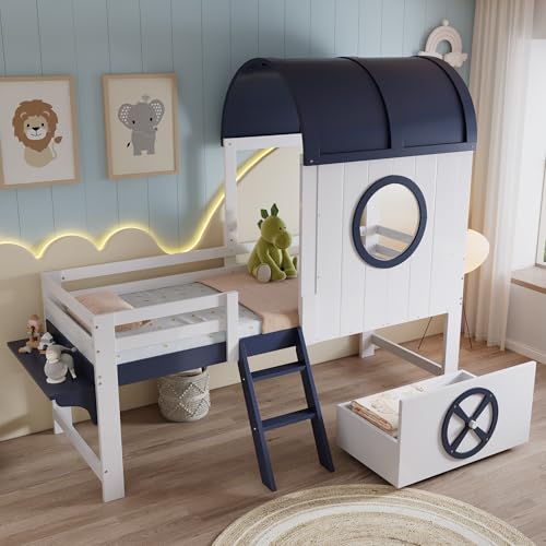 Etagenbett, Halbhohes Bett, Kinderbett mit Dach und Fenster, Untere Schublade mit Rollen, Praktische zweistufige Schrägleiter, Kiefer + MDF + Sperrholz, Weiß+Dunkelblau, 90x200cm Etagenbett, Halbhohes Bett, Kinderbett mit Dach und Fenster, Untere Schublade mit Rollen, Praktische zweistufige Schrägleiter, Kiefer + MDF + Sperrholz, Weiß+Dunkelblau, 90x200cm