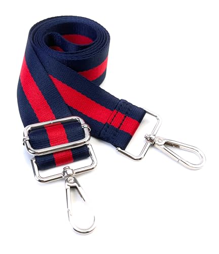 Image of Classic Navy Blue Red Stripe Purse Strap with Silver Hardware 1-1 /2 Inch Wide Replacement Crossbody Guitar Style Shoulder Strap for Handbags Totes