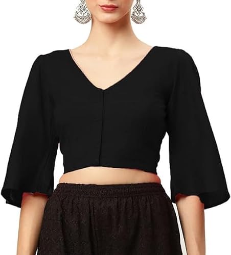 Fashnkart Bollywood Indian Readymade Cotton Saree Blouse for Women Long Sleeve V Neck Sari Choli Crop Top Black