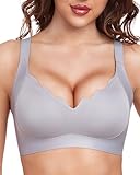 Quttlzze Scalloped Lift Bras for Women No Underwire Buttery Soft Push Up Wireless Bras V Neck Seamless Bralettes B-Grey,M