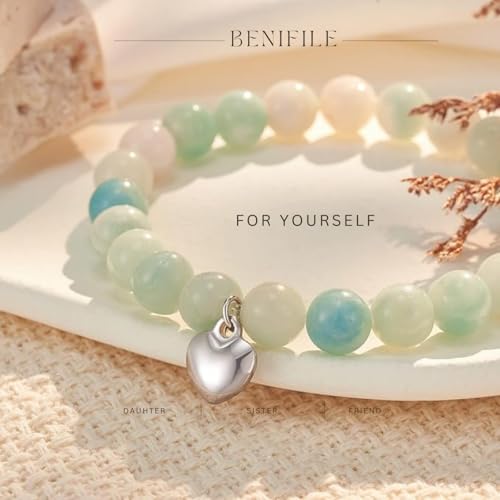 BENIFILE Anxiety Bracelet for Teenage Girls Gifts, Green Elastic Crystal Beaded Natural Stone Inspiring Bracelets for Women Teen Ladies Christmas Birthday Strength Gifts Good Luck Bracelet with Card