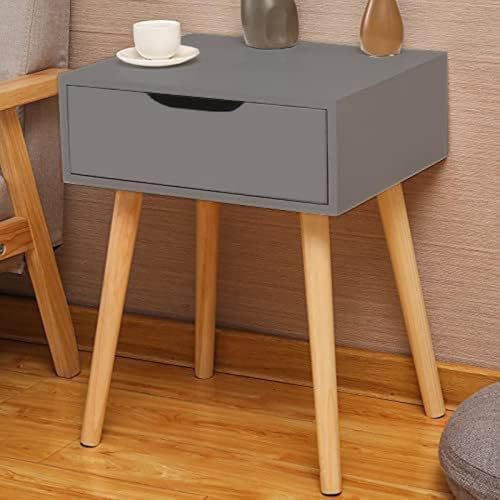 Image of Modern Bedside Table with Drawer & Wooden Legs | Compact Nightstand for Bedroom | Scandinavian Style Side Table with Storage for Home Living Room (Grey, 1 Drawer)