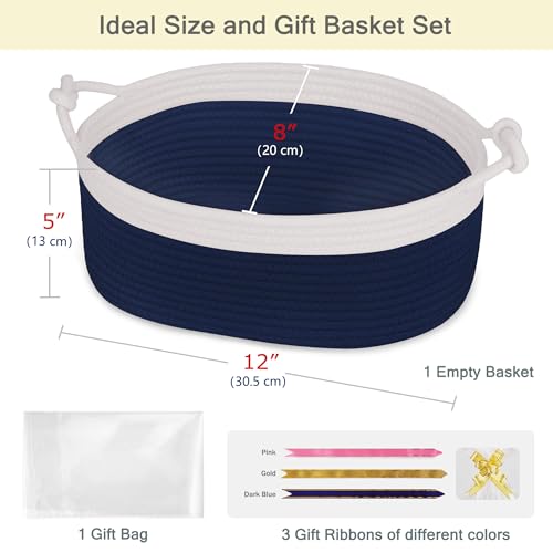 Image of Small Empty Gift Basket with Bag & Ribbons, White & Navy Blue