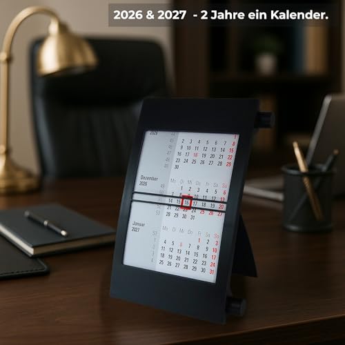 Tischkalender 2026–2027 – 3-Monatskalender mit Datumsschieber & Drehmechanik – Aufstellkalender 28 Monate (Oktober 2025 bis Februar 2028) – Büro & Homeoffice – kompakt – Deutsch