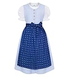 Isar-Trachten Mädchen Kinderdirndl mit Bluse 3-TLG. hellblaues Kleid/weiße Bluse/dunkelblaue Schürze für Mädchen Oktoberfest Kirchweih Hochzeit Sonntagausflug, 158