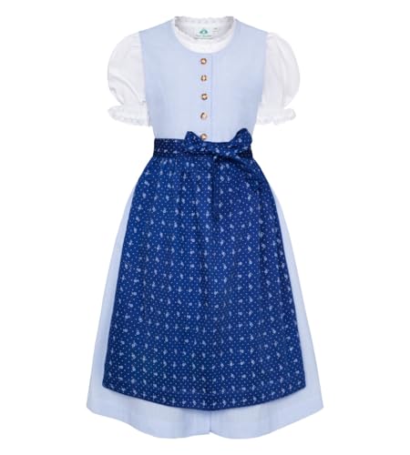 Isar-Trachten Mädchen Kinderdirndl mit Bluse 3-TLG. hellblaues Kleid/weiße Bluse/dunkelblaue Schürze für Mädchen Oktoberfest Kirchweih Hochzeit Sonntagausflug 128