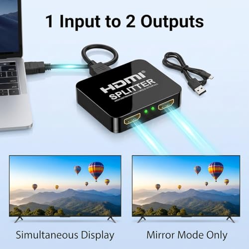 HDMI Splitter 1 in 2 Out, 4K HDMI Verteiler für Zwei Monitore Gleichzeitig, Video Signal Duplizieren, Unterstützt 2K 4K 1080p 3D, Kompakter HDMI Adapter für TV, Monitor, Beamer, Büro und Zuhause