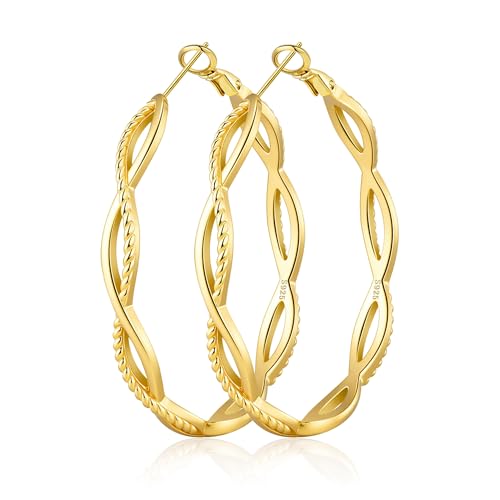 RANKEEF Gold Hoop Earrings for Women Hypoallergenic Lightweight Twisted Hoop Earrings 14K Real Gold Plated Earrings 30/40/50/60MM