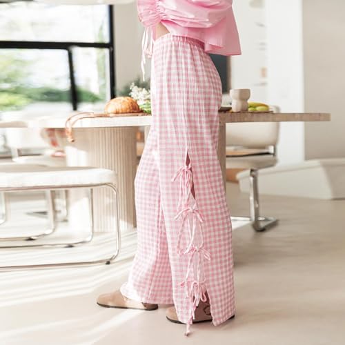 Image of Y2K Gingham Pants for Women Bow Tie Side Slit Wide Leg Lounge Bottom Plaid Checkered Loose Fit Going Out Pants