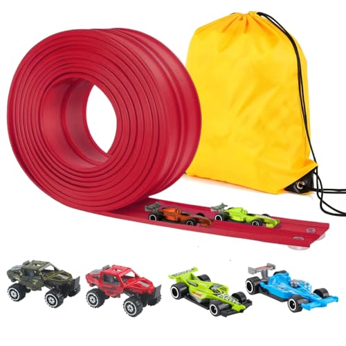 Kosmoflux Autorennbahn Flexible Rennstrecke mit 4 Autos & Tragtasche – Soft Rennbahn Spielzeug für Kinder ab 3 4 5 6 Jahre, Rollt Auf Tragbare Autobahn Geschenk für Indoor/Outdoor, Rot