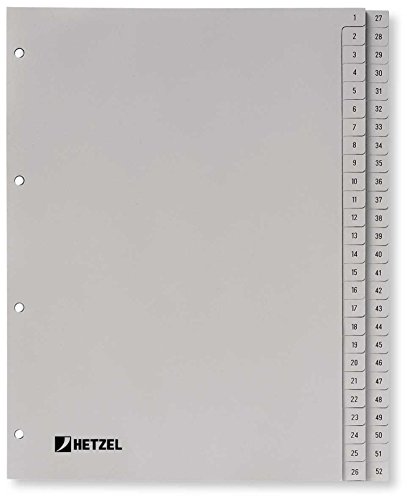 Rexel Zahlenregister aus PP-Folie, Tabe: 1 - 52, für A4, 52 Blatt mit bedruckten, ausgestanzten Taben, 226 x 297 mm, grau, 721308