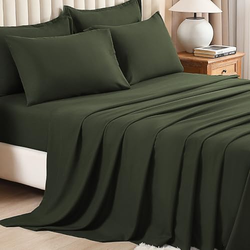 Image of Litanika Comforter Full Size Set Olive Green - 7 Pieces Bed in a Bag Full Bedding Comforter Sets, Plain Lightweight Bed Set with Comforter, Sheets, Pillowcases & Shams