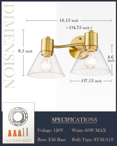 Image of LMS Gold Bathroom Vanity Light Fixtures, 2 Light Bathroom Light Fixtures with Clear Glass Shade, LMS-100