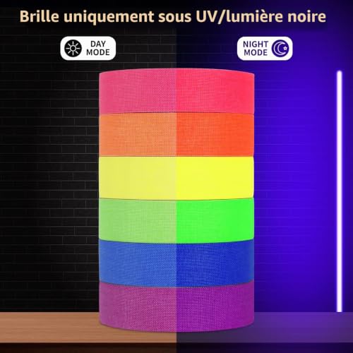 Ealyder Tape 6 Rouleaux Ruban Néon UV 1,5cm x 12m Fête Marquage Sans Résidu – vue 2