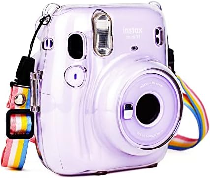 Fudda Clear Case for Fujifilm Instax Mini 11 Instant Camera - Crystal Hard PVC Protective Cover with Removable Rainbow Shoulder Strap and 20 Sheets Colorful Photo Instant Films Sticker