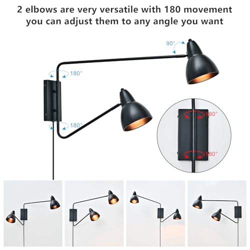 Image of Modern Black 2-Light Plug in Swing Arm Wall Sconce, 1 Pack