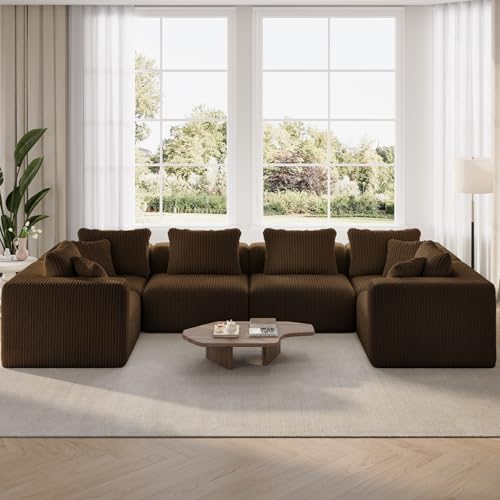 Image of Novilla 141 inch Modular Sectional Sofa, U Shape Family Size Sectional Couch, Modern Cloud Design with Smarts Coil Support, Boneless Couch for Large Living Room Apartment, No Assembly Required, Brown