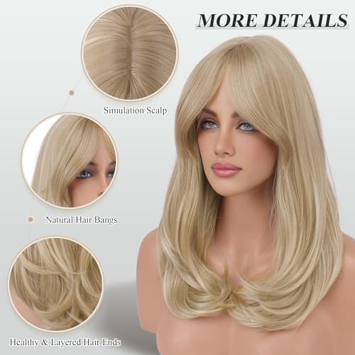 Image of FESHFEN Blonde Wigs with Bangs, Synthetic Natural Looking Long Layered Straight Hair Wig for Women Daily Party Costume, 18 inch Dirty Blonde