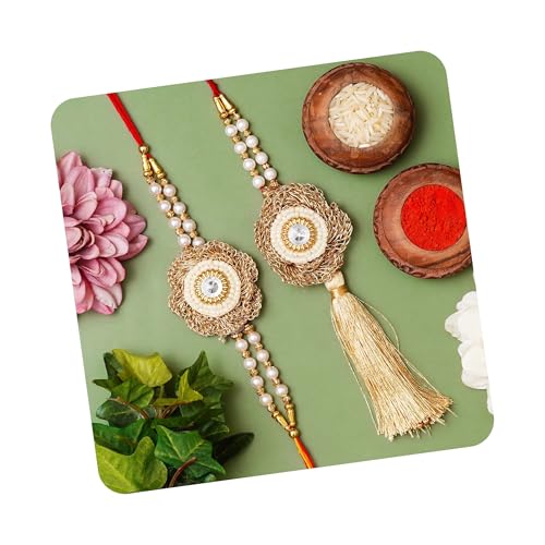 Image of eCraftIndia Boy's Golden & White Beads, Pearl, Diamond Designer Bhaiya Bhabhi Rakhis With Roli Chawal