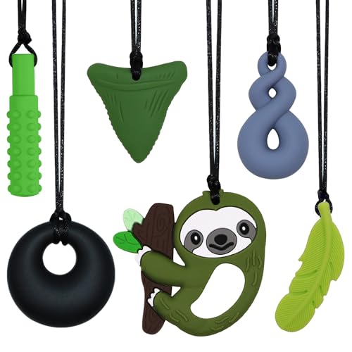 Image of Sensory Chew Necklace for Kids Boys Girls, 6 Pack Silicone Chew Toys for Kids with ADHD Autism, Anxiety, Chewy Necklace Sensory Toys Reduce Adult Chewing Fidgeting (Green Sloth)