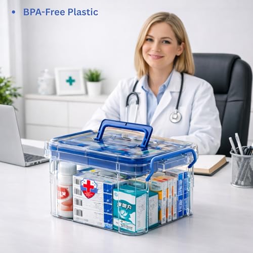 Image of HoopVool Clear Plastic Medicine Storage Box Organizer, Family Emergency Kit with Removable Pill Case Portable Lockable Container for, Art Craft and Cosmetic Household Organizer (Blue, Small)