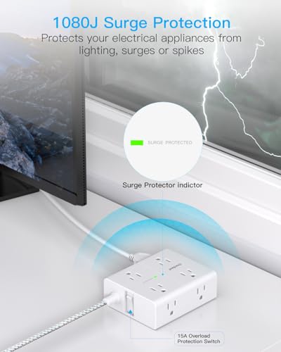 Image of One Beat Surge Protector Power Strip, 6 Ft Ultra Thin Flat Extension Cord with 8 Outlets 4 USB Ports(2 USB C), Flat Plug Power Strip, Braided Power Strip for Home, Office, Dorm Room Essentials