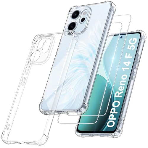 FLLAO Cover Compatibile con OPPO Reno 14 F (4G / 5G) / OPPO Reno 14 FS 5G con 2 Vetro Temperato [Protezione Fotocamera] Anti Ingiallimento Antiurto Silicona TPU Morbido Custodia - Trasparente