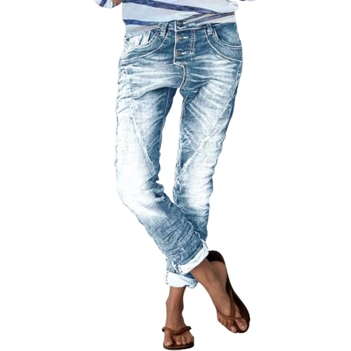 Women’s Trendy Stretchy Low Rise Button Straight Leg Distressed Jeans Stylish Vintage Casual Loose Denim Pants