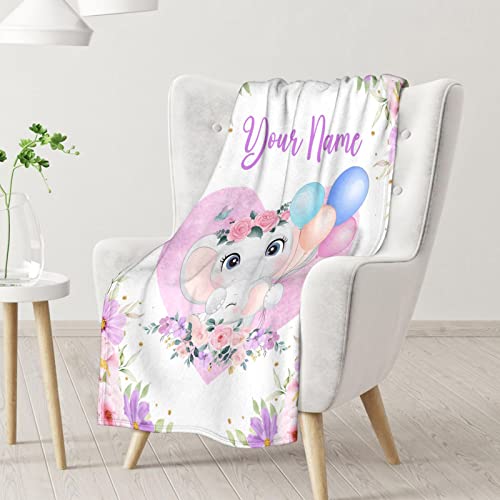 Personalized Elephant Blanket Gifts with Name - 50"x60" Cute Throw for Women Girls - Purple Soft Fuzzy Blankets for Bed, Couch & Living Room