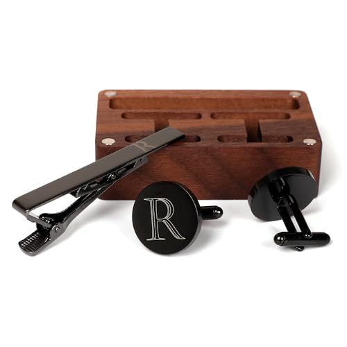 Image of Mens Initial Cufflinks and Tie Clip A-Z Alphabet Letter Black Stainless Cuff Links Tie Bar with Engraved Walnut Wood Box Groom Groomsman Wedding Set