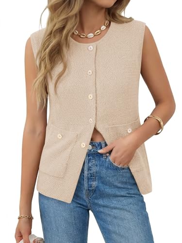 Image of Yousify Womens Sweater Vest Sleeveless Button Down Round Neck Knitted Tank Tops Casual Cardigan with Pockets