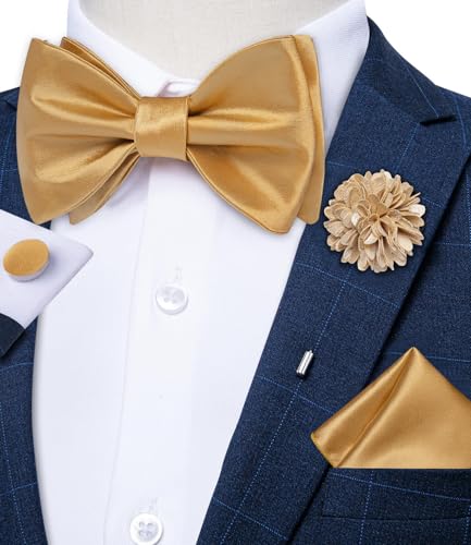 Image of DiBanGu Satin Bow tie Self-Tied Bowtie Set for Men Wedding Prom | Solid Color,Skin-Friendly,Versatile Accessory,Lapel Pin,Pocket Square,Cufflinks,School Dance,Banquet,Dinner,Celebration