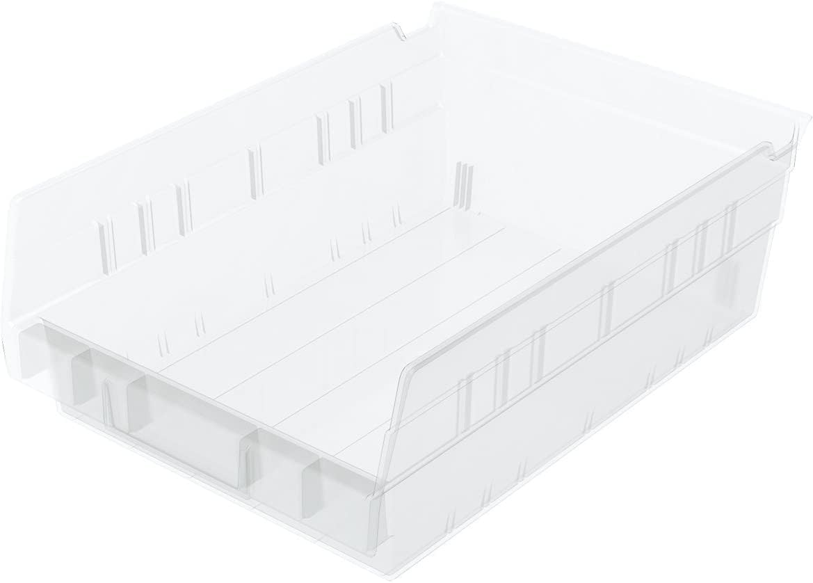 akro-mils 30150 plastic shelf bins, heavy duty storage bins for garage, closet, and drawer organization, 12" x 8" x 4", clear, 12-pack