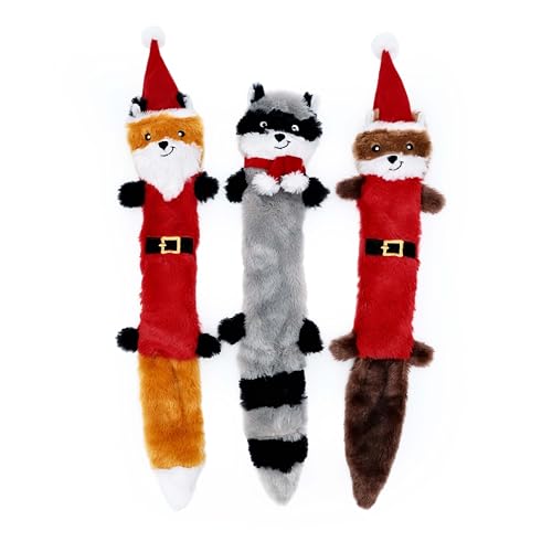 Image of ZippyPaws Skinny Peltz - No Stuffing Dog Toys to Keep Them Busy, for Medium and Large Dogs, Squeaky Unstuffed Chew Toys for Pets, Soft Plush Variety Pack, Fox, Raccoon, & Squirrel - Holiday 3-Pack