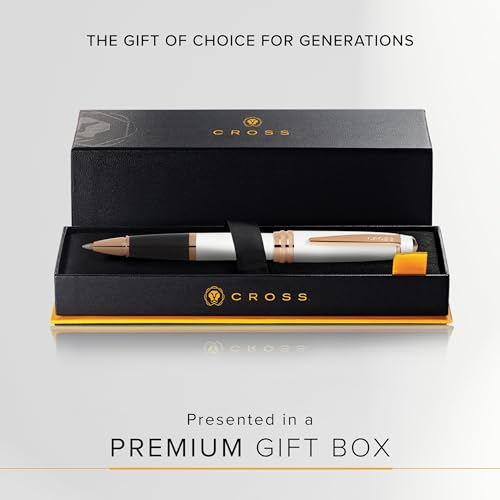 Image of Cross Bailey White & Rose Gold Refillable Rollerball Pen - Medium Point, Black Ink, Presented in a Premium Gift Box