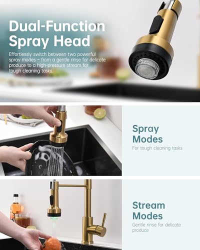 Image of GIMILI Gold LED Kitchen Faucet with Soap Dispenser, Modern Single Handle Spring Kitchen Sink Faucets with Pull Down Sprayer