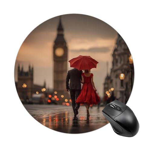 Couple Walking in London Street Big Ben Round Mouse Pad Comfortable Mousepad Desk Mat for Computer Laptop