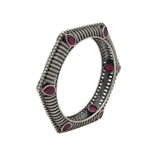 Hexagonal Ruby Textured Kada for Women | Grey-Toned Bracelet with Geometric Pattern and Stone Detailing | Ethnic Jewellery Accessory for Festive Occasion, Party and Gifting-image-9