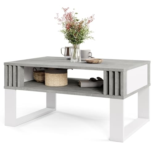 Viosimc Table Basse Moderne en Béton Blanc avec Lattes Décor Bois – Meuble Rectangulaire avec Étagère, Design Élégant pour Le Salon | Concrete White...