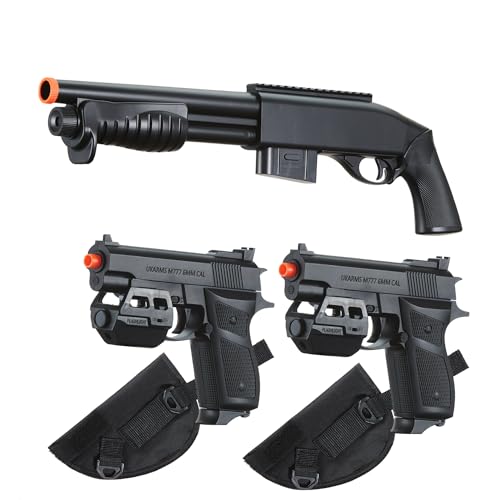 GoldenBall Airsoft Pump Action Spring-Powered Shotgun and Dual Pistols (Laser & Flashlight) Starter Kit with Holster (Black)