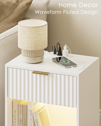 Image of Masupu Fluted Nightstand with Charging Station and LED Lights,Modern Night Stand Wood Bedside Table with Storage Drawer Side End Table for Bedroom, Office,White
