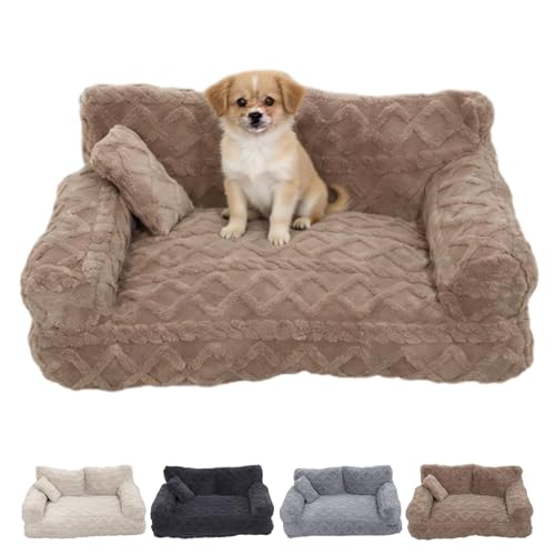 Knubbuf Plush Calming Pet Sofa Bed, Fluffy Dog Couch Bed with Removable Cover, Large Dog Beds, Bedding & Furniture for Dogs (Brown, M)