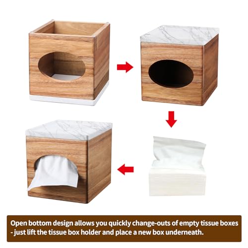 Acacia Tissue Box Marble top Natural Wood Decorative Tissue Cover for Bathroom Tissue Box Cover Cube for Home Office Table Counter Tissue Holder with stoarge Tray - Thumbnail 2